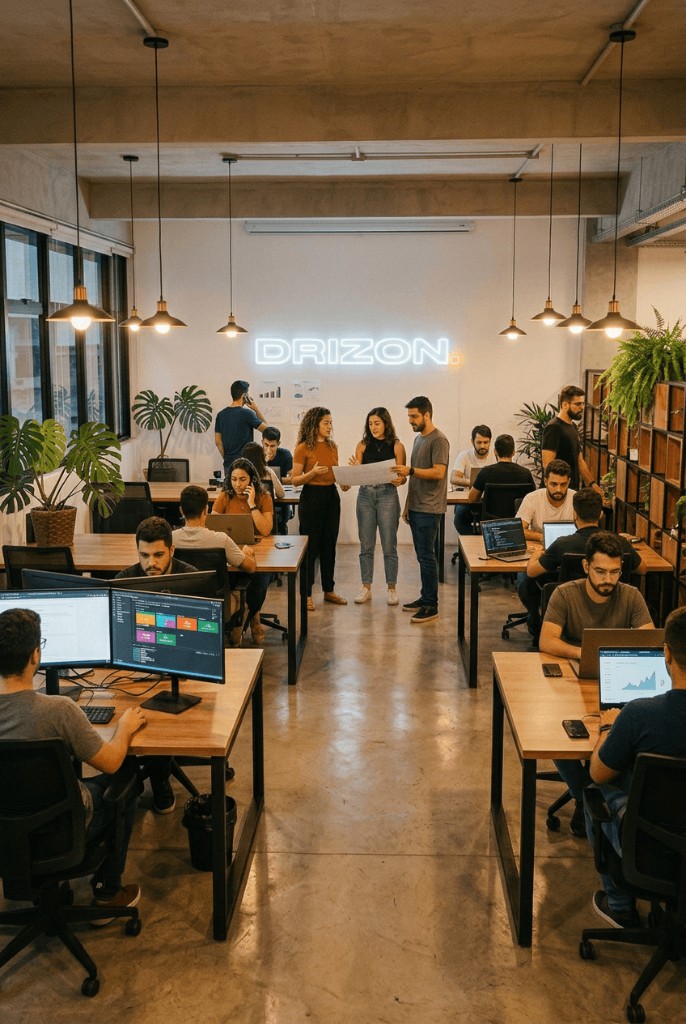 Vista ampla do escritório com equipe em estações e letreiro luminoso na parede