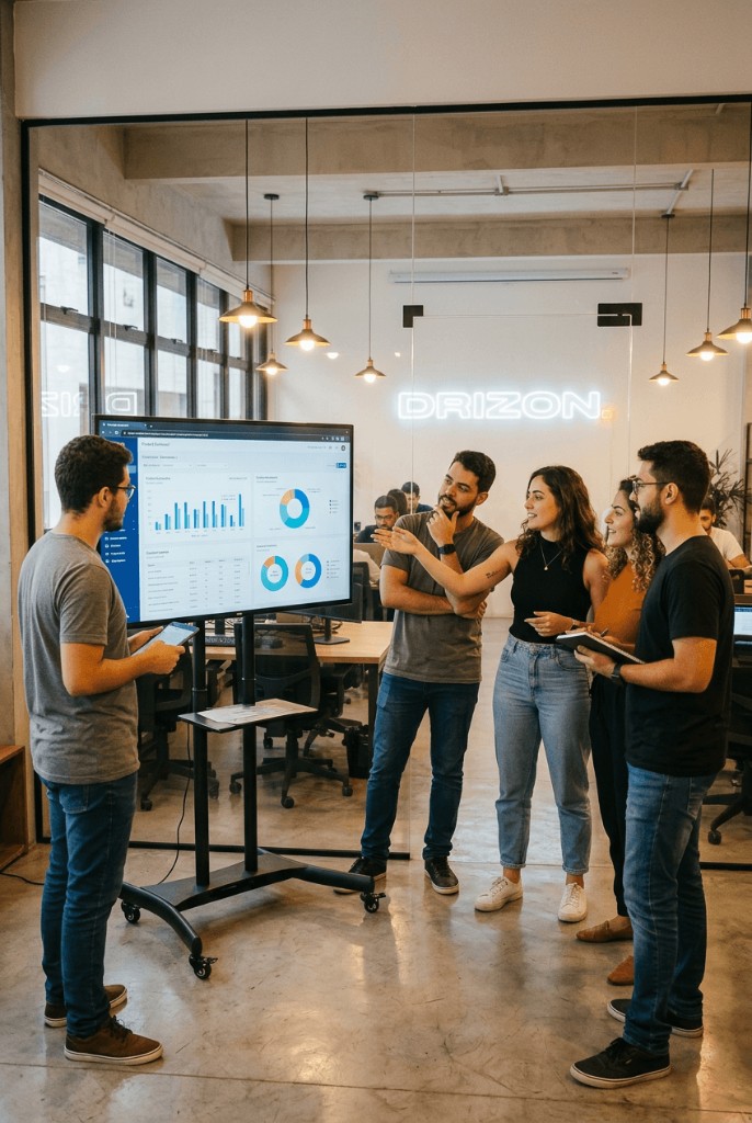 Time em pé ao redor de tela com gráficos e dados, escritório com vidro e luz natural