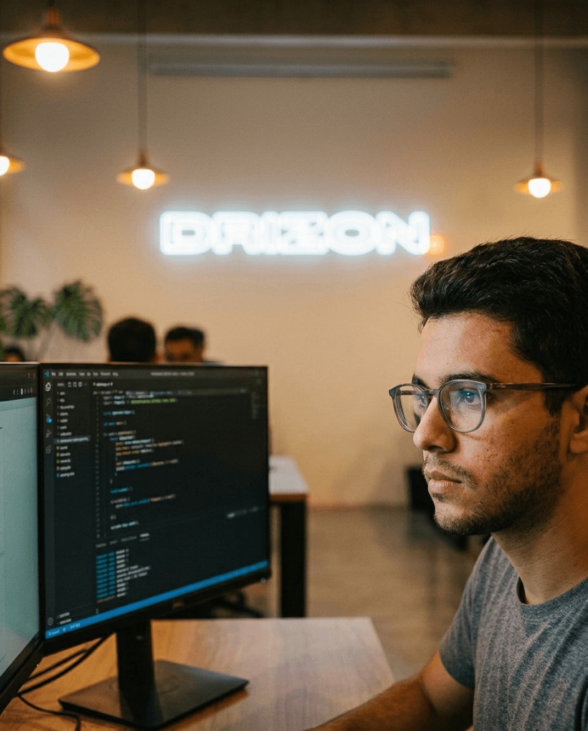 Profissional de perfil com óculos em frente a monitores com código, escritório moderno e iluminação quente ao fundo